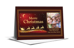 Red Moonlight Night Time Santa Sleigh with Custom Photo Christmas Card w-Envelope 7.875